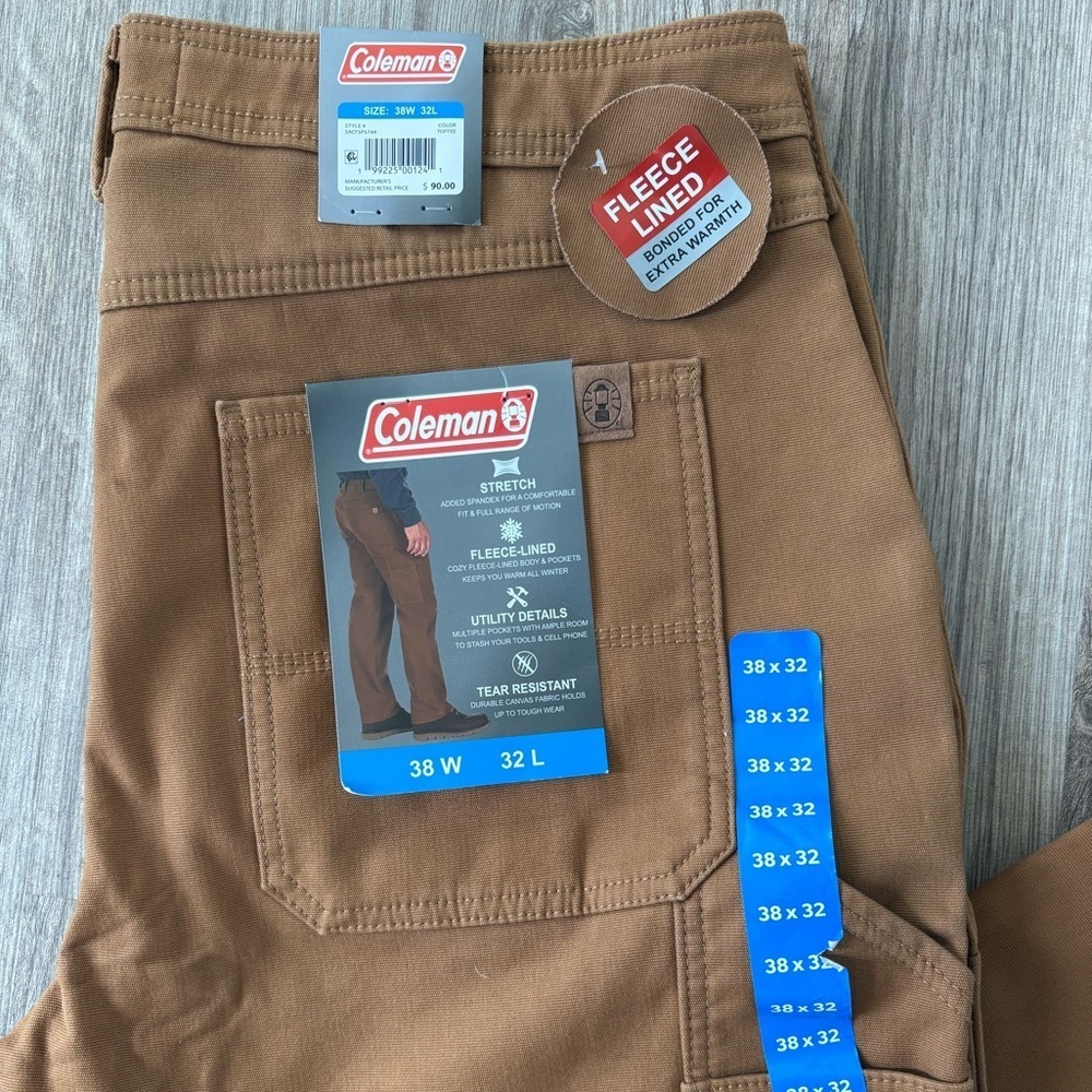NWT Mens Coleman Canvas Fleece Lined Utility Pants Dark Khaki Size 38x32 - Picture 2 of 8